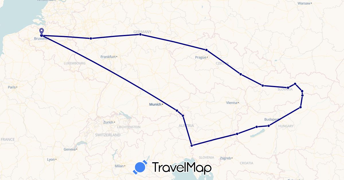 TravelMap itinerary: driving in Belgium, Czech Republic, Germany, Hungary, Slovenia, Slovakia (Europe)